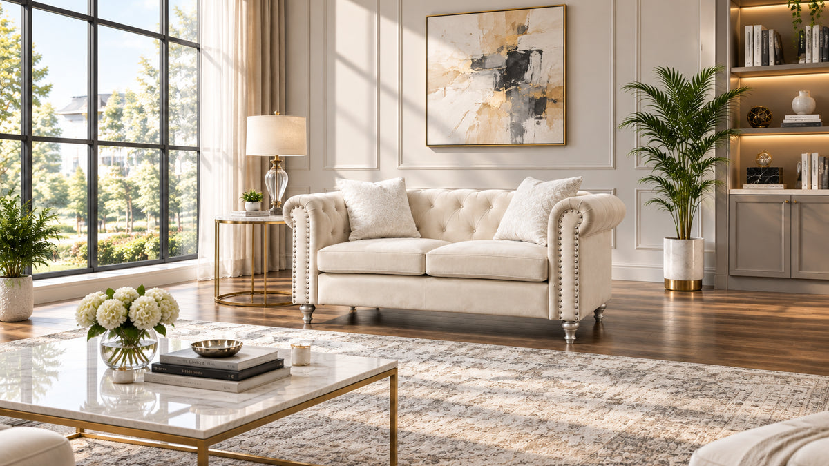 60-Inch Velvet 2-Seater Chesterfield Sofa with Throw Pillows