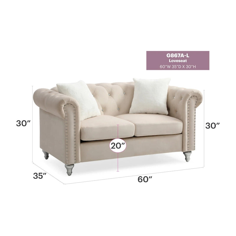 60-Inch Velvet 2-Seater Chesterfield Sofa with Throw Pillows
