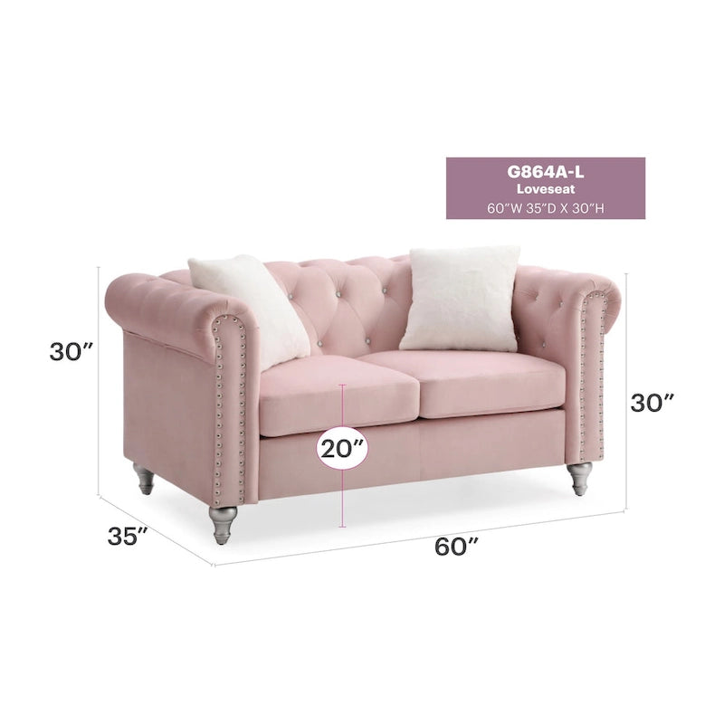 60-Inch Velvet 2-Seater Chesterfield Sofa with Throw Pillows