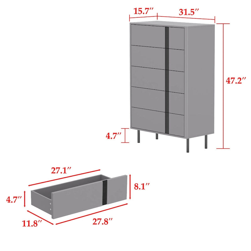 Cassettiera moderna in legno con 5 cassetti e gambe in metallo regolabili