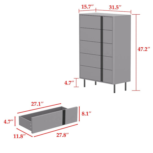 Cassettiera moderna in legno con 5 cassetti e gambe in metallo regolabili