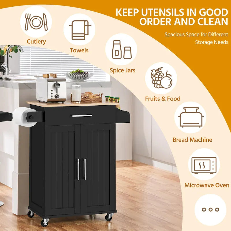 Rolling Kitchen Cart with Towel Rack, Drawer, 2 Doors