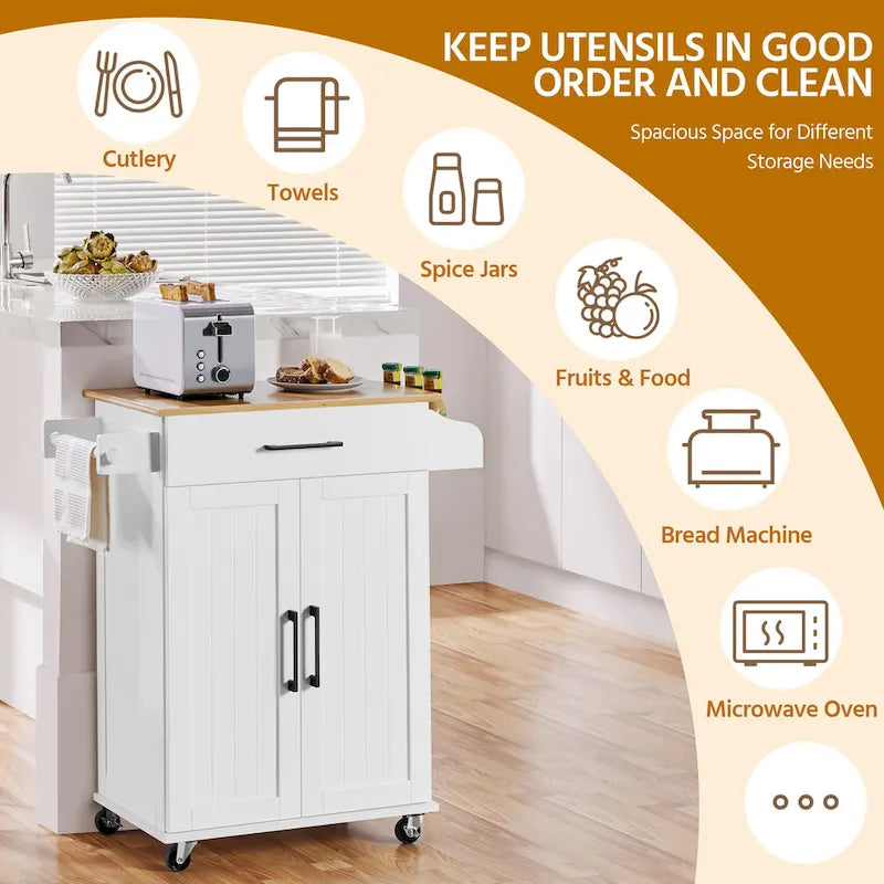 Rolling Kitchen Cart with Towel Rack, Drawer, 2 Doors