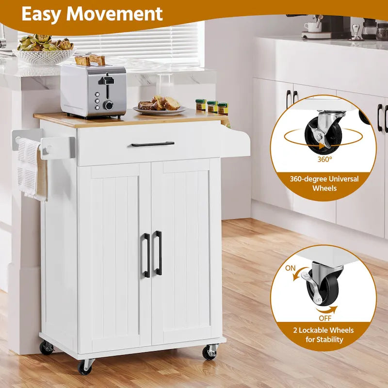 Rolling Kitchen Cart with Towel Rack, Drawer, 2 Doors