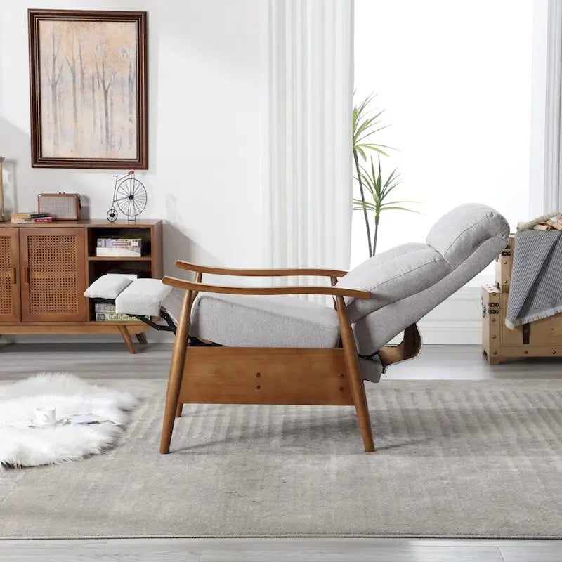 Reclining Wood Frame Armchair with Linen Fabric and Footrest Extension