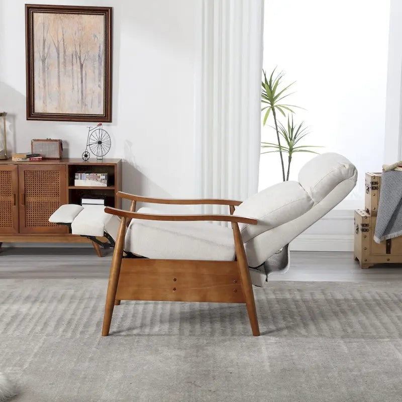 Reclining Wood Frame Armchair with Linen Fabric and Footrest Extension