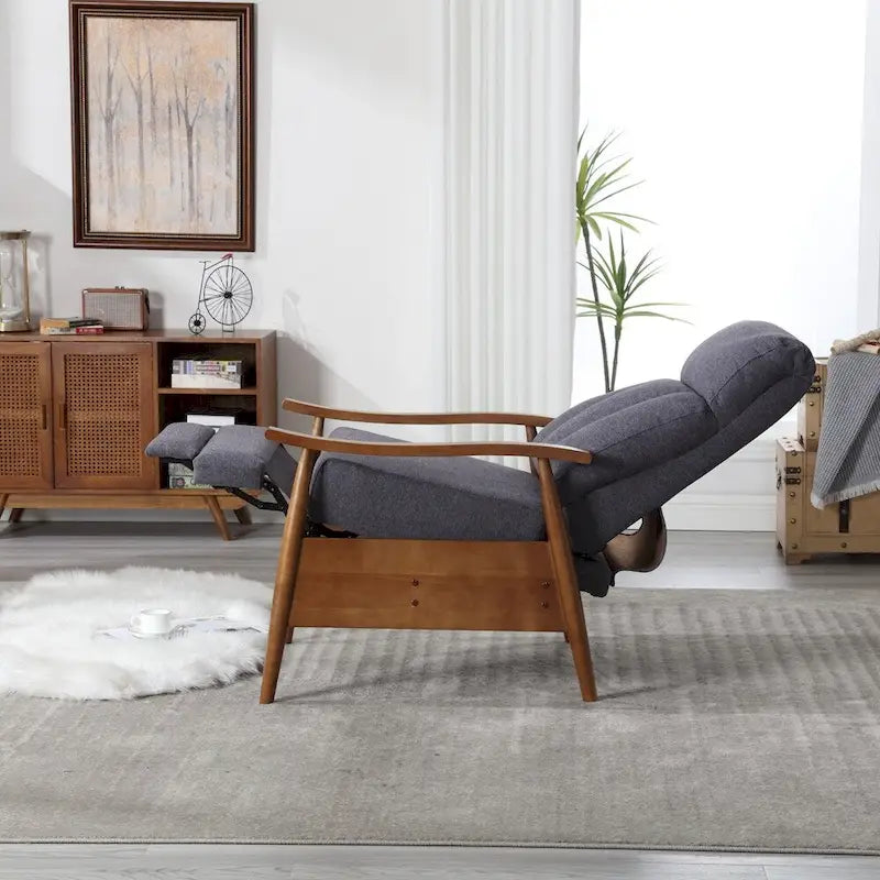 Reclining Wood Frame Armchair with Linen Fabric and Footrest Extension