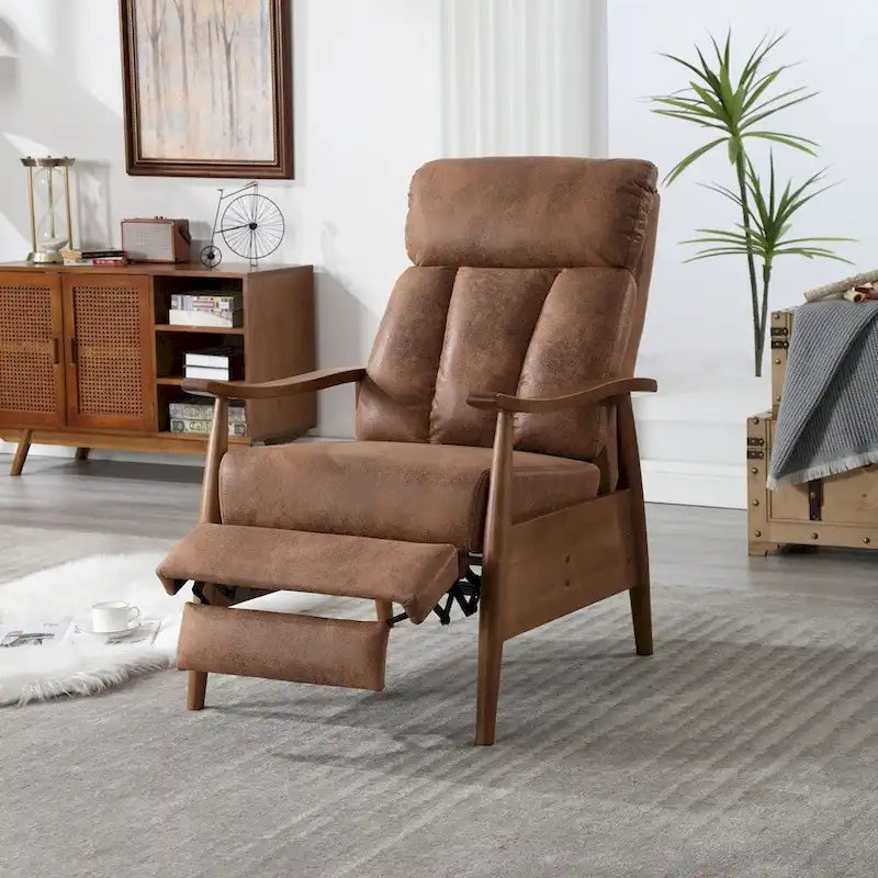 Reclining Wood Frame Armchair with Linen Fabric and Footrest Extension
