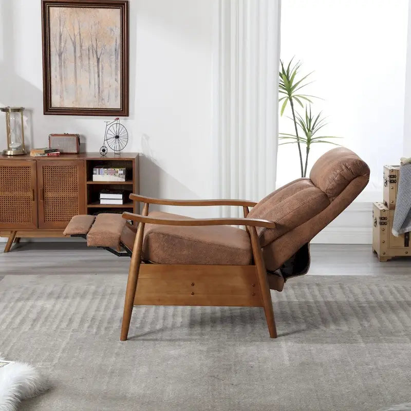 Reclining Wood Frame Armchair with Linen Fabric and Footrest Extension