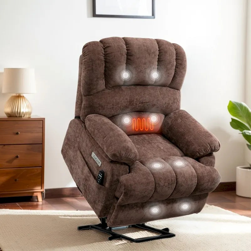 Großer elektrischer Chenille-Sessel mit Aufstehhilfe, Massage- und Wärmefunktion, USB-Anschluss und Taschen