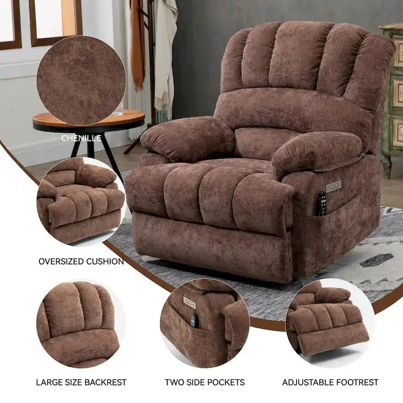 Großer elektrischer Chenille-Sessel mit Aufstehhilfe, Massage- und Wärmefunktion, USB-Anschluss und Taschen
