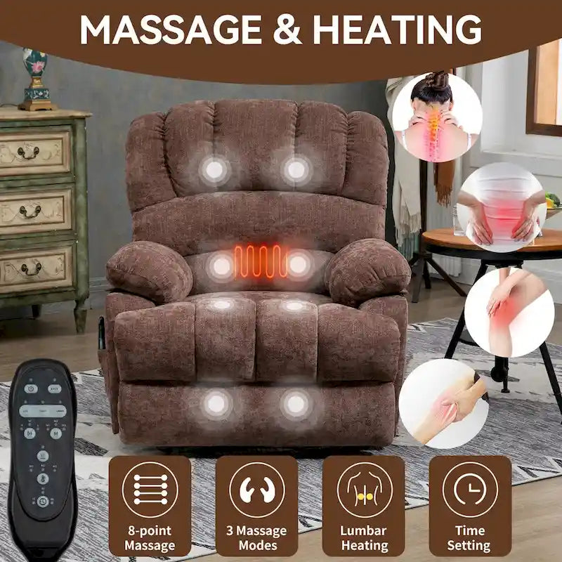 Großer elektrischer Chenille-Sessel mit Aufstehhilfe, Massage- und Wärmefunktion, USB-Anschluss und Taschen
