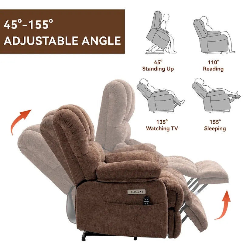 Großer elektrischer Chenille-Sessel mit Aufstehhilfe, Massage- und Wärmefunktion, USB-Anschluss und Taschen