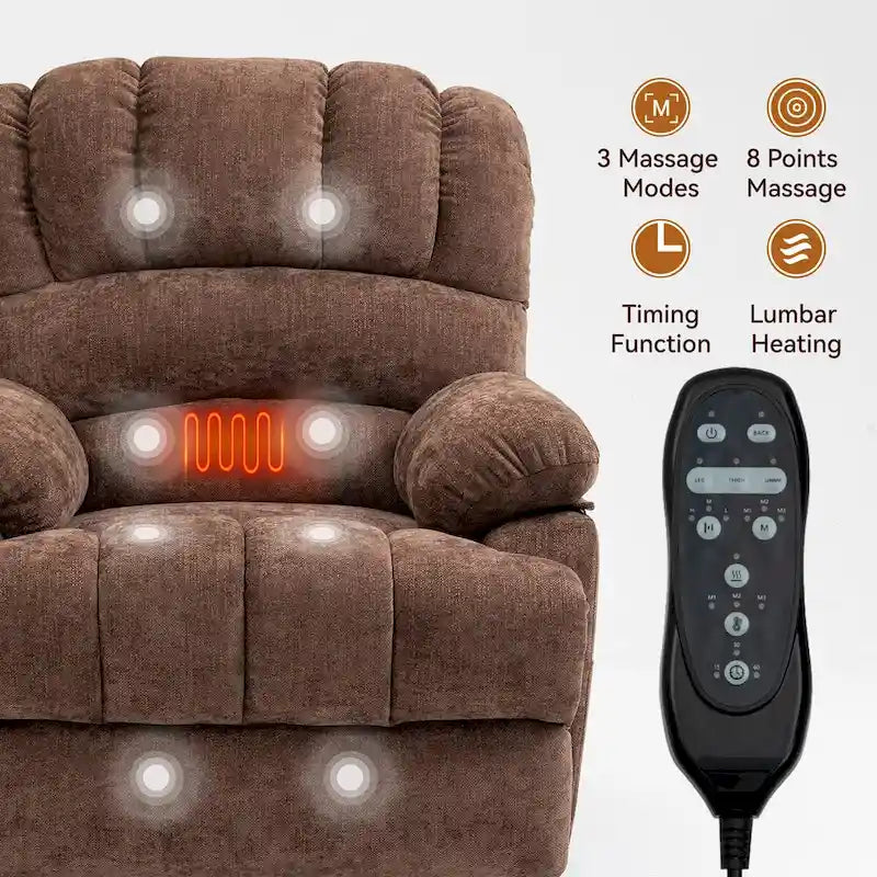 Großer elektrischer Chenille-Sessel mit Aufstehhilfe, Massage- und Wärmefunktion, USB-Anschluss und Taschen