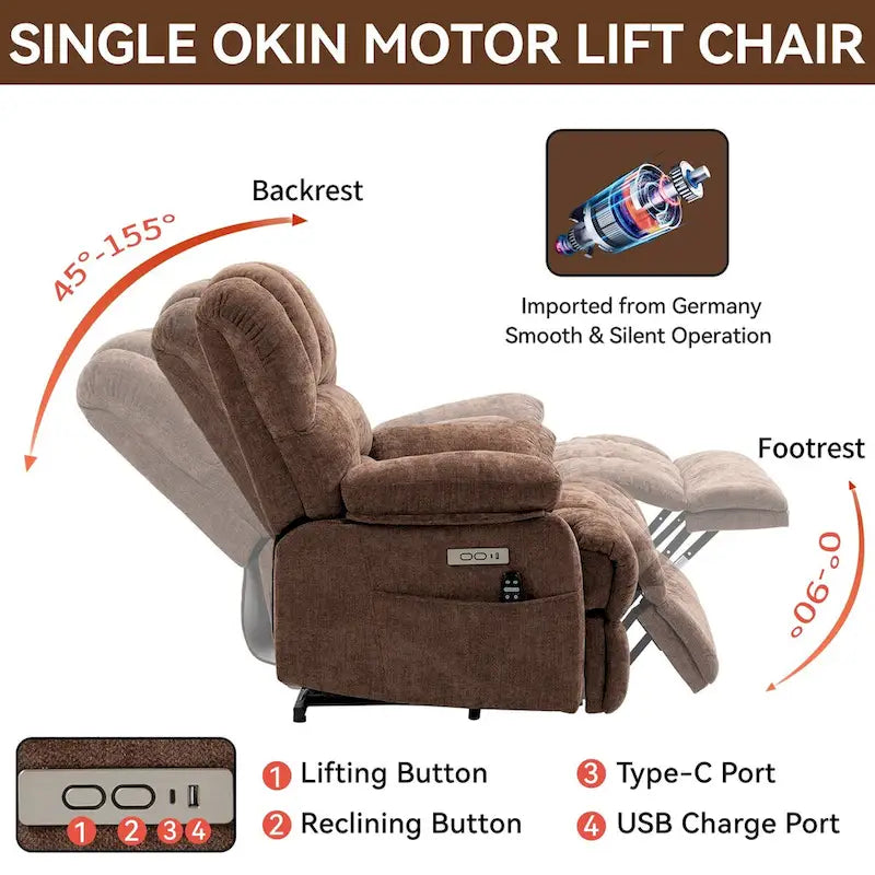Großer elektrischer Chenille-Sessel mit Aufstehhilfe, Massage- und Wärmefunktion, USB-Anschluss und Taschen