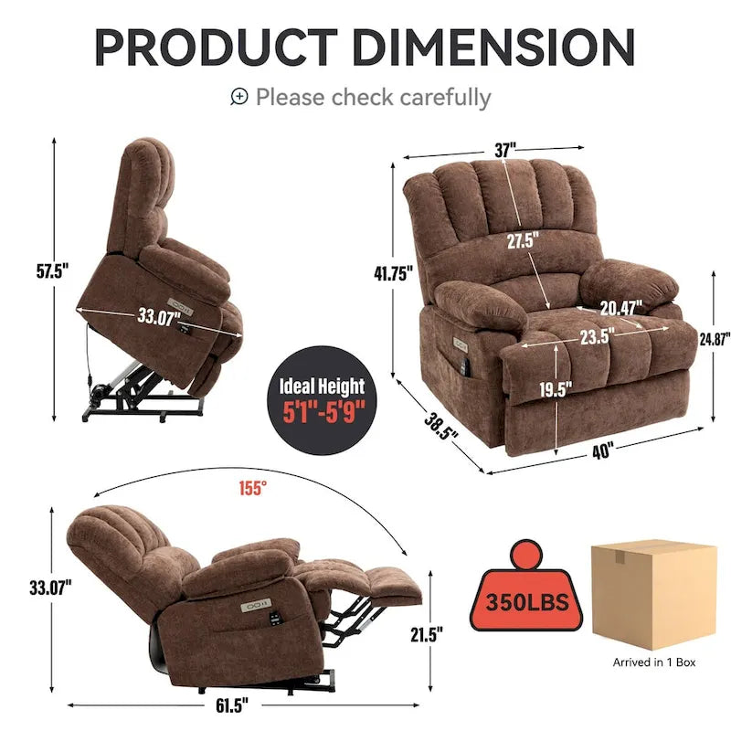 Großer elektrischer Chenille-Sessel mit Aufstehhilfe, Massage- und Wärmefunktion, USB-Anschluss und Taschen