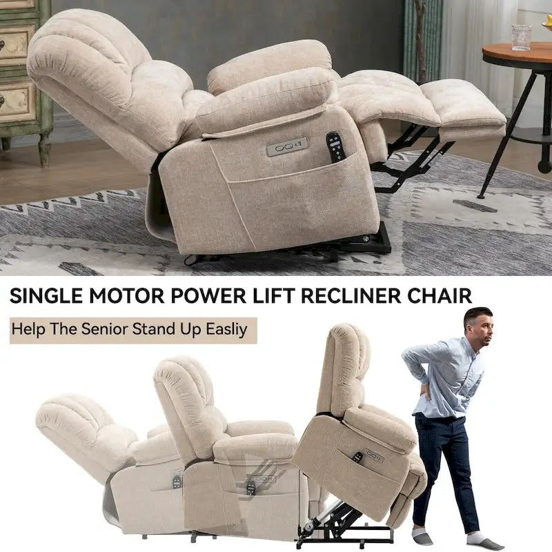 Großer elektrischer Chenille-Sessel mit Aufstehhilfe, Massage- und Wärmefunktion, USB-Anschluss und Taschen
