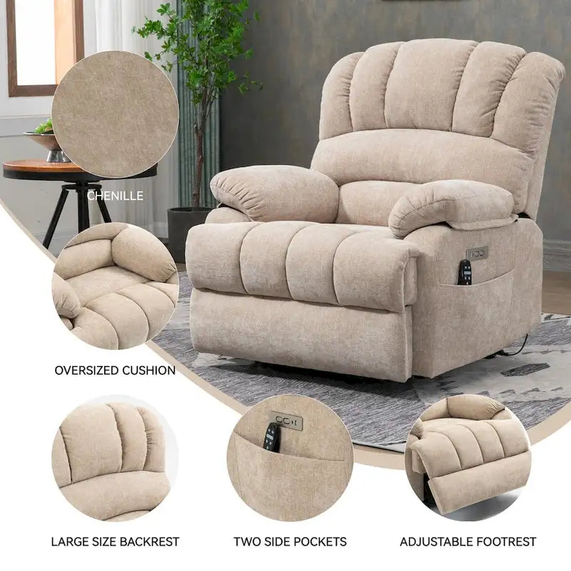 Großer elektrischer Chenille-Sessel mit Aufstehhilfe, Massage- und Wärmefunktion, USB-Anschluss und Taschen