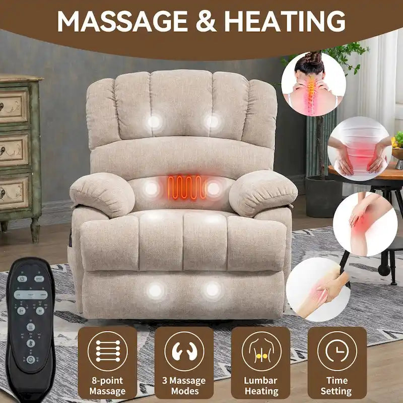 Großer elektrischer Chenille-Sessel mit Aufstehhilfe, Massage- und Wärmefunktion, USB-Anschluss und Taschen