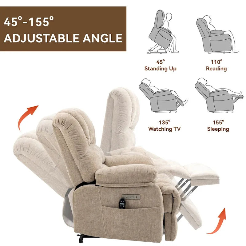 Großer elektrischer Chenille-Sessel mit Aufstehhilfe, Massage- und Wärmefunktion, USB-Anschluss und Taschen