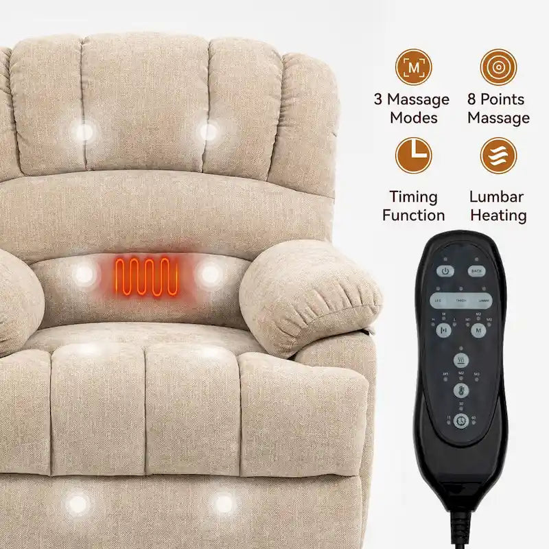 Großer elektrischer Chenille-Sessel mit Aufstehhilfe, Massage- und Wärmefunktion, USB-Anschluss und Taschen
