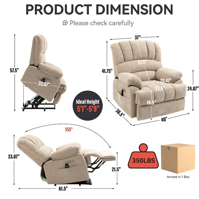 Großer elektrischer Chenille-Sessel mit Aufstehhilfe, Massage- und Wärmefunktion, USB-Anschluss und Taschen