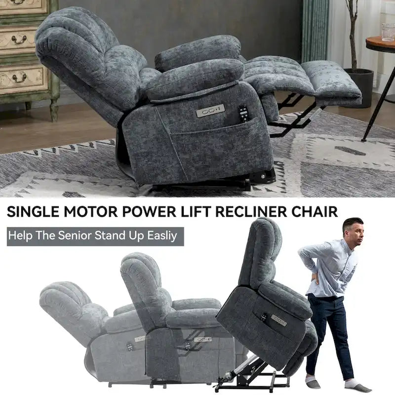 Großer elektrischer Chenille-Sessel mit Aufstehhilfe, Massage- und Wärmefunktion, USB-Anschluss und Taschen