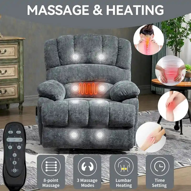 Großer elektrischer Chenille-Sessel mit Aufstehhilfe, Massage- und Wärmefunktion, USB-Anschluss und Taschen