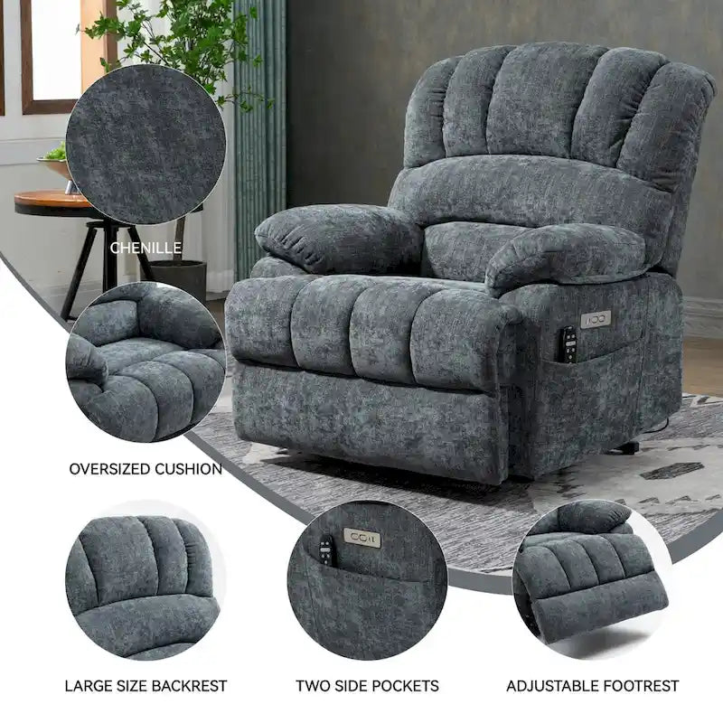 Großer elektrischer Chenille-Sessel mit Aufstehhilfe, Massage- und Wärmefunktion, USB-Anschluss und Taschen