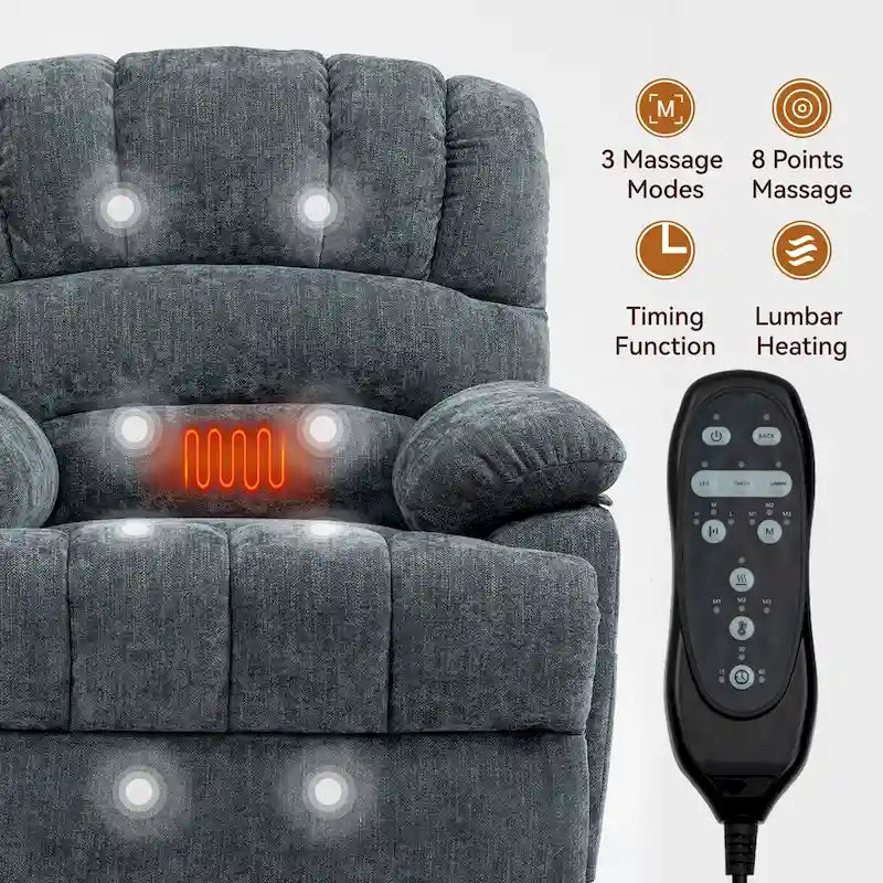 Großer elektrischer Chenille-Sessel mit Aufstehhilfe, Massage- und Wärmefunktion, USB-Anschluss und Taschen