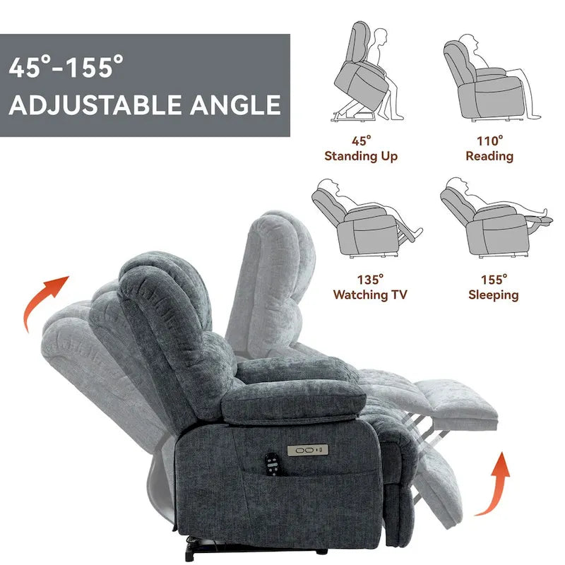 Großer elektrischer Chenille-Sessel mit Aufstehhilfe, Massage- und Wärmefunktion, USB-Anschluss und Taschen