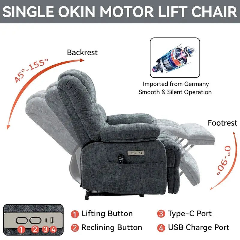 Großer elektrischer Chenille-Sessel mit Aufstehhilfe, Massage- und Wärmefunktion, USB-Anschluss und Taschen