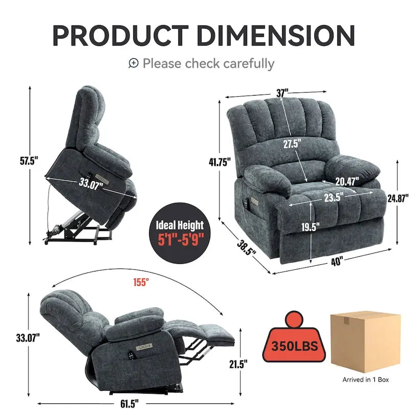 Großer elektrischer Chenille-Sessel mit Aufstehhilfe, Massage- und Wärmefunktion, USB-Anschluss und Taschen