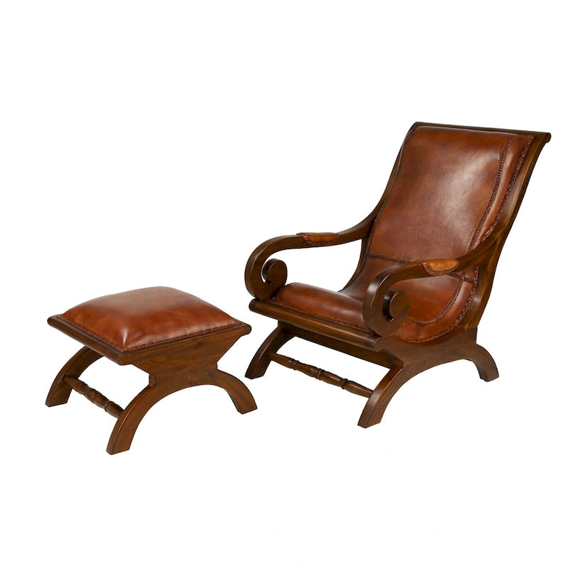 Poltrona decorativa imbottita in pelle, realizzata a mano in legno di teak, con pouf