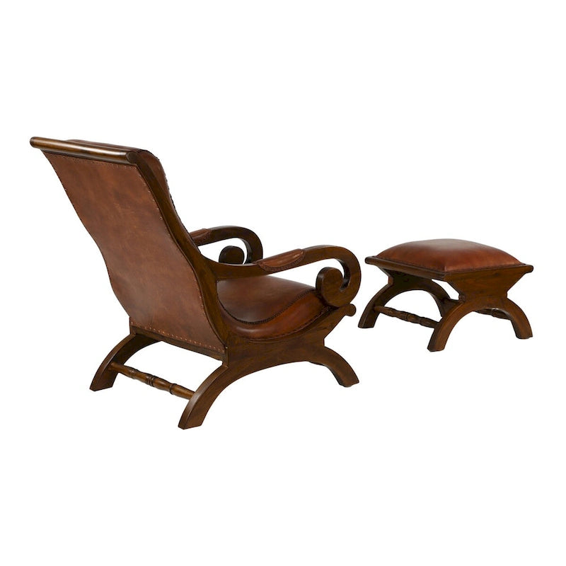 Poltrona decorativa imbottita in pelle, realizzata a mano in legno di teak, con pouf
