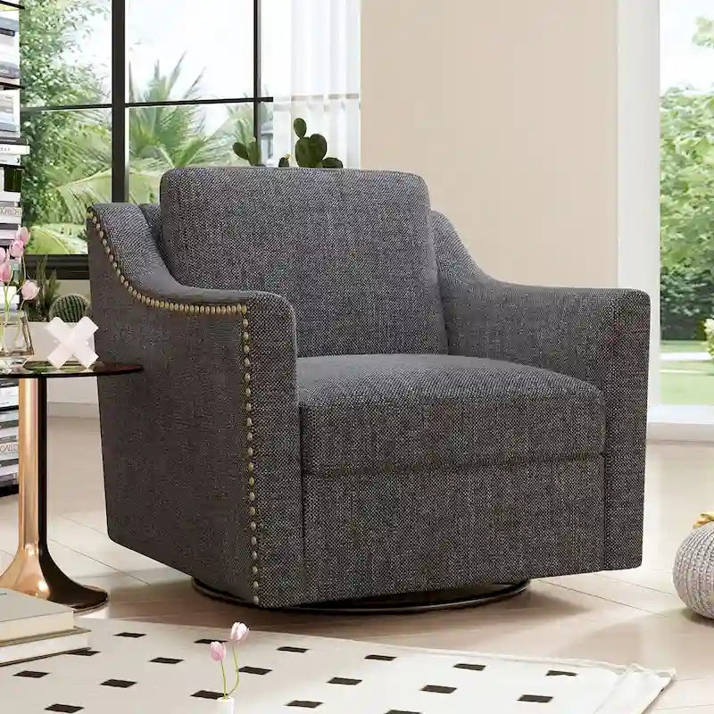 Poltrona girevole a 360 gradi in tessuto di cotone e lino, design ergonomico, chiodini decorativi in ottone, gambe nere, per il soggiorno