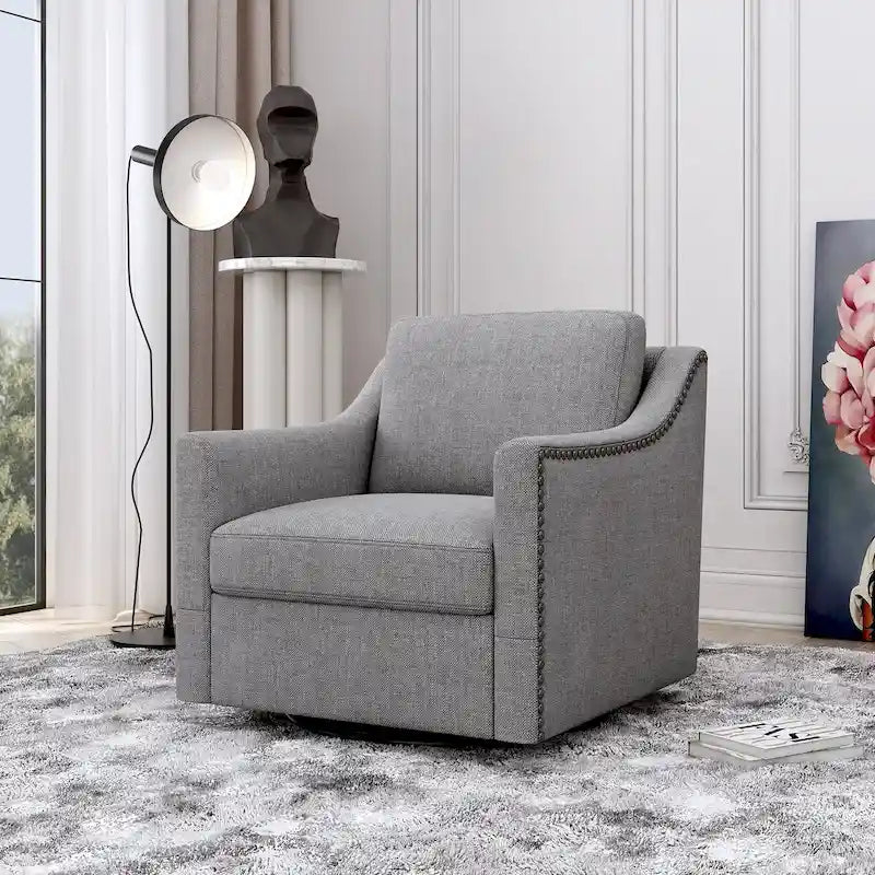 Poltrona girevole a 360 gradi in tessuto di cotone e lino, design ergonomico, chiodini decorativi in ottone, gambe nere, per il soggiorno