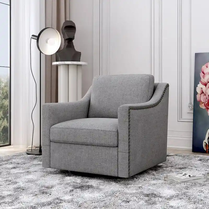 Um 360 Grad drehbarer Sessel aus Baumwoll-Leinen-Stoff, ergonomisches Design, dekorative Messingnägel, Wohnzimmerstuhl mit schwarzen Beinen