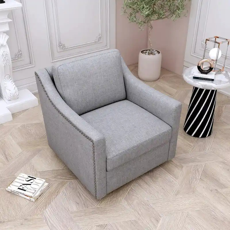 Poltrona girevole a 360 gradi in tessuto di cotone e lino, design ergonomico, chiodini decorativi in ottone, gambe nere, per il soggiorno