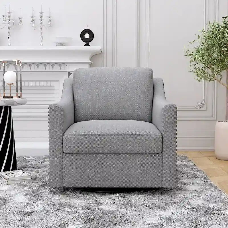 Um 360 Grad drehbarer Sessel aus Baumwoll-Leinen-Stoff, ergonomisches Design, dekorative Messingnägel, Wohnzimmerstuhl mit schwarzen Beinen