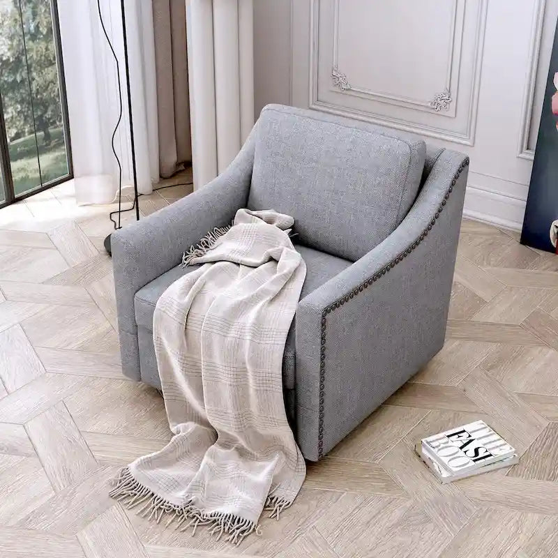 Poltrona girevole a 360 gradi in tessuto di cotone e lino, design ergonomico, chiodini decorativi in ottone, gambe nere, per il soggiorno
