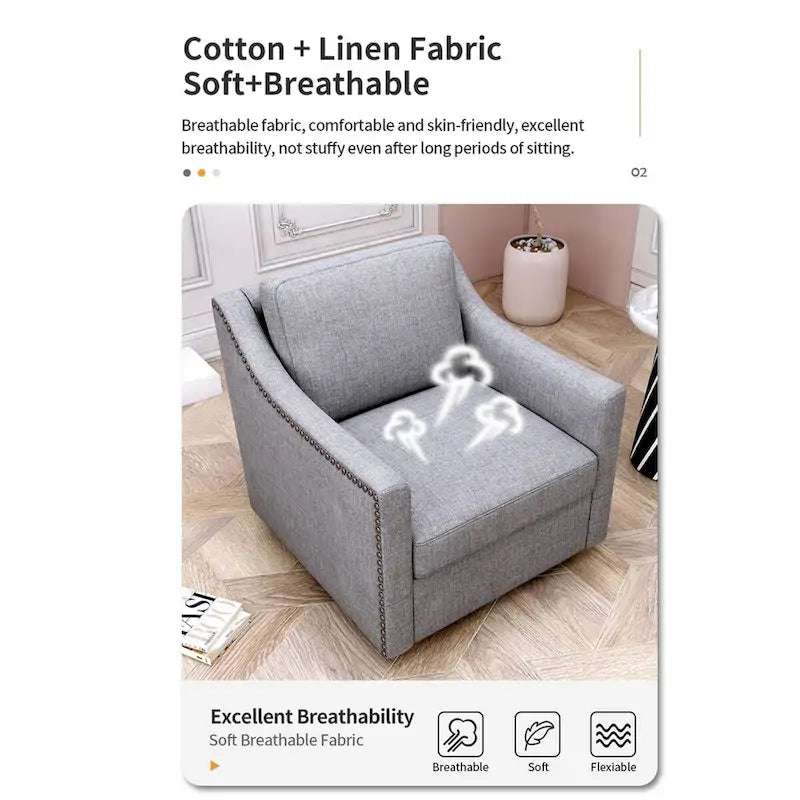 Um 360 Grad drehbarer Sessel aus Baumwoll-Leinen-Stoff, ergonomisches Design, dekorative Messingnägel, Wohnzimmerstuhl mit schwarzen Beinen