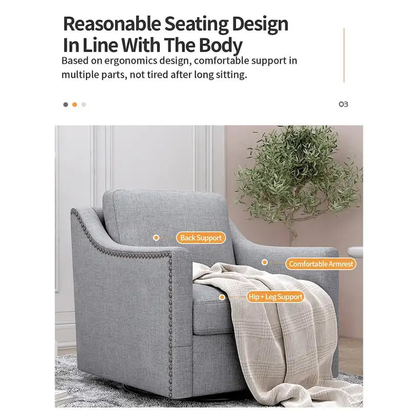 Um 360 Grad drehbarer Sessel aus Baumwoll-Leinen-Stoff, ergonomisches Design, dekorative Messingnägel, Wohnzimmerstuhl mit schwarzen Beinen