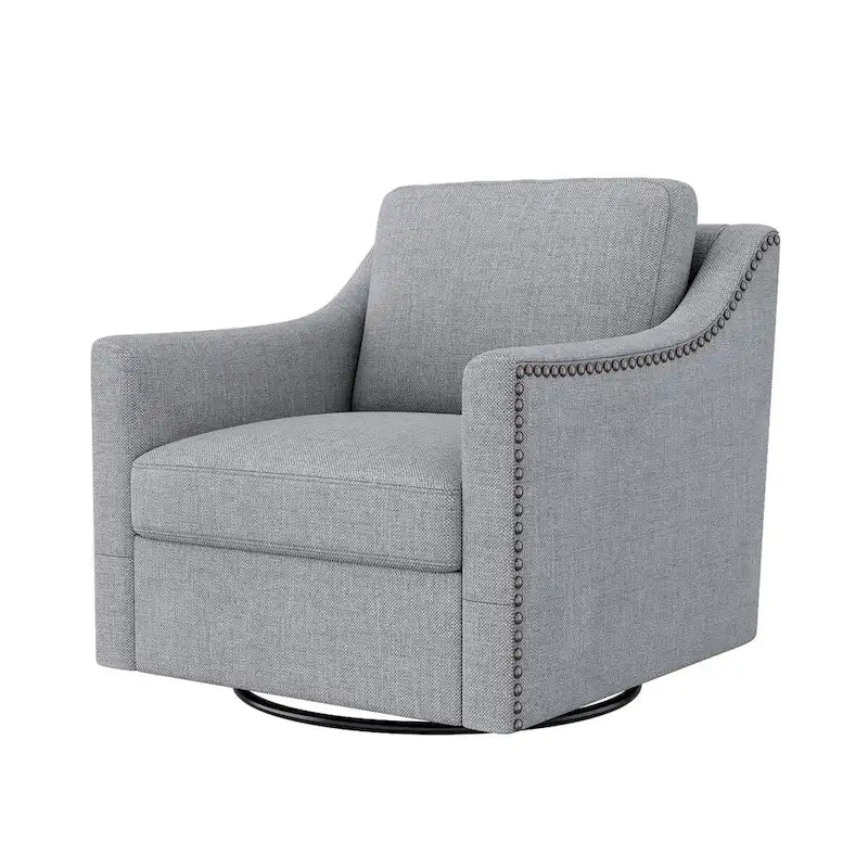 Um 360 Grad drehbarer Sessel aus Baumwoll-Leinen-Stoff, ergonomisches Design, dekorative Messingnägel, Wohnzimmerstuhl mit schwarzen Beinen