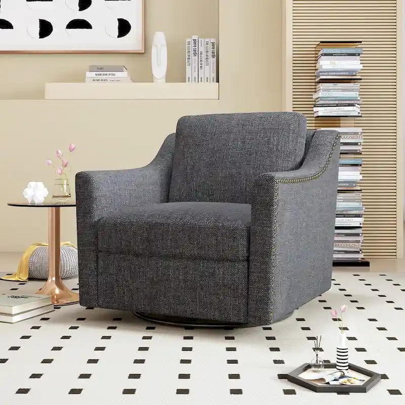 Um 360 Grad drehbarer Sessel aus Baumwoll-Leinen-Stoff, ergonomisches Design, dekorative Messingnägel, Wohnzimmerstuhl mit schwarzen Beinen