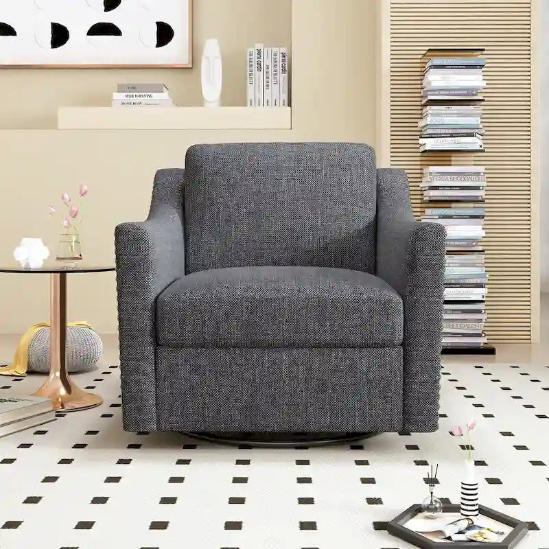 Um 360 Grad drehbarer Sessel aus Baumwoll-Leinen-Stoff, ergonomisches Design, dekorative Messingnägel, Wohnzimmerstuhl mit schwarzen Beinen