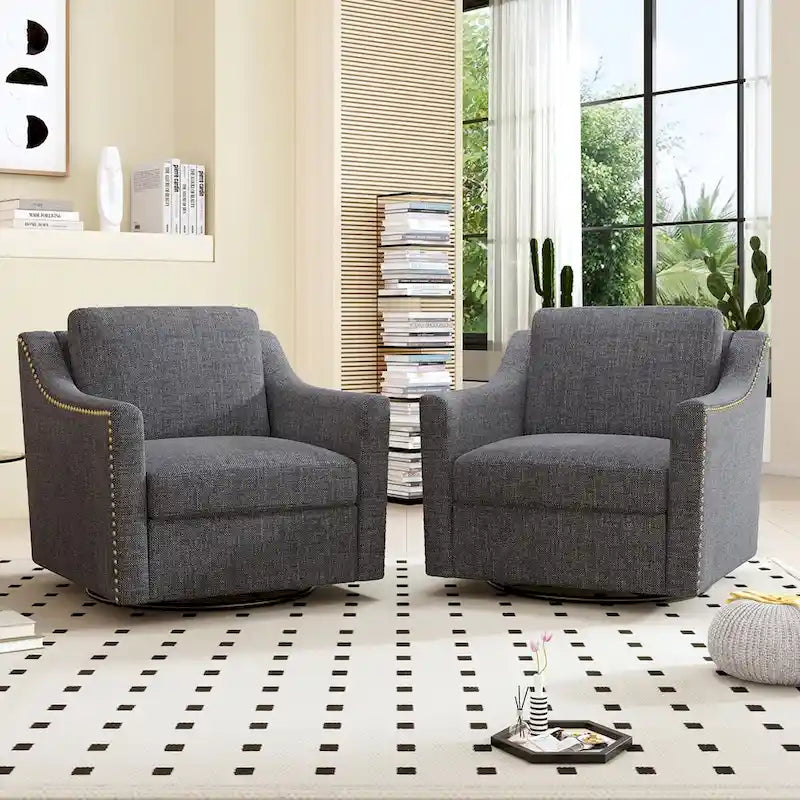 Um 360 Grad drehbarer Sessel aus Baumwoll-Leinen-Stoff, ergonomisches Design, dekorative Messingnägel, Wohnzimmerstuhl mit schwarzen Beinen