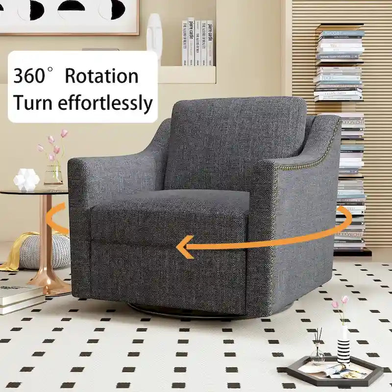 Um 360 Grad drehbarer Sessel aus Baumwoll-Leinen-Stoff, ergonomisches Design, dekorative Messingnägel, Wohnzimmerstuhl mit schwarzen Beinen