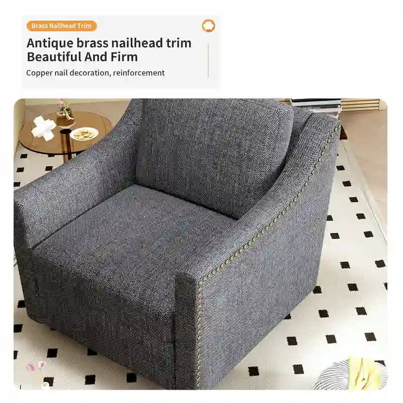 Um 360 Grad drehbarer Sessel aus Baumwoll-Leinen-Stoff, ergonomisches Design, dekorative Messingnägel, Wohnzimmerstuhl mit schwarzen Beinen
