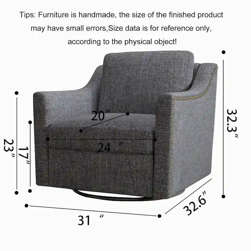 Um 360 Grad drehbarer Sessel aus Baumwoll-Leinen-Stoff, ergonomisches Design, dekorative Messingnägel, Wohnzimmerstuhl mit schwarzen Beinen